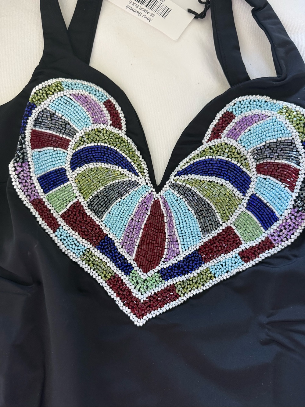 Black One-Piece Swimsuit with Multi-Color Beaded Heart
